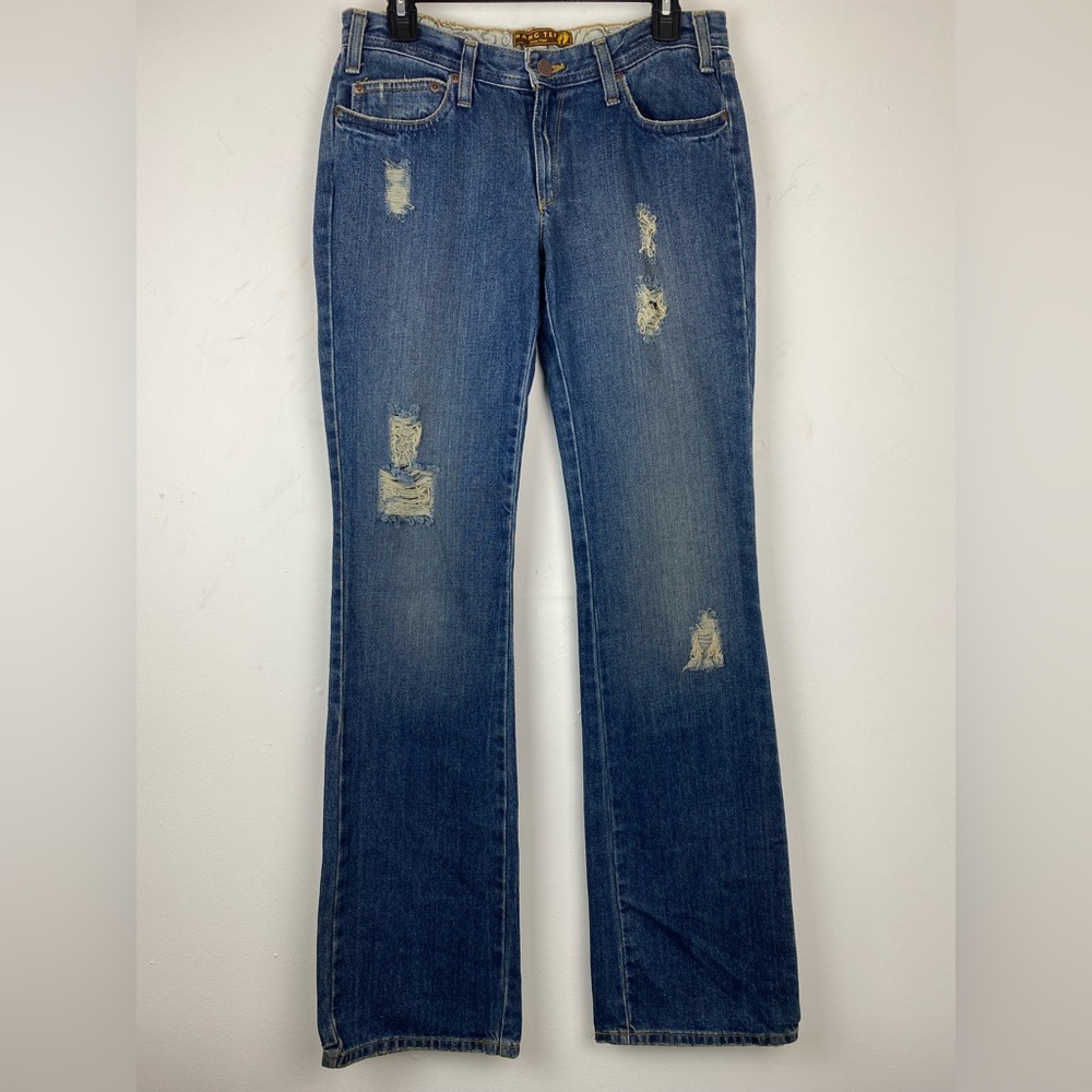Hang Ten Surf-wear size 5 Long Junior Blue Distressed Denim Bootcut Jeans